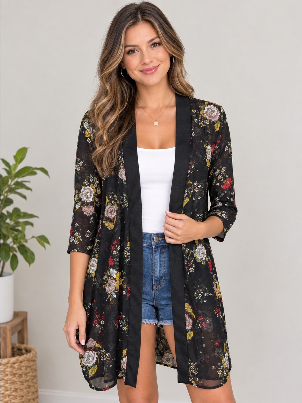 SO Sheer Black Floral Open Front Kimono with Satiny Trim OS NWT